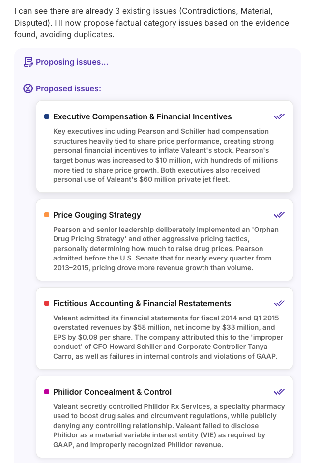 The Casefleet AI Assistant proposing legal issues found across the case file — each issue with supporting and contrary evidence ready for review